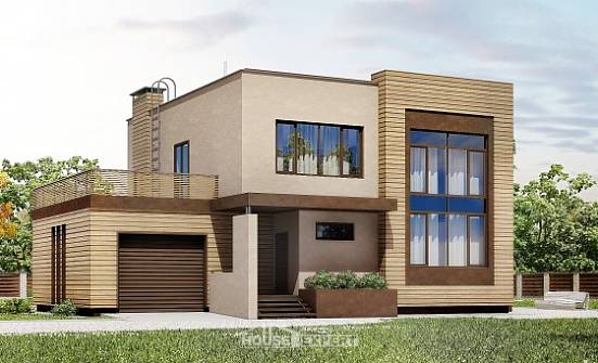 220-003-Л Проект двухэтажного дома и гаражом, красивый коттедж из бризолита Брянск | Проекты домов от House Expert