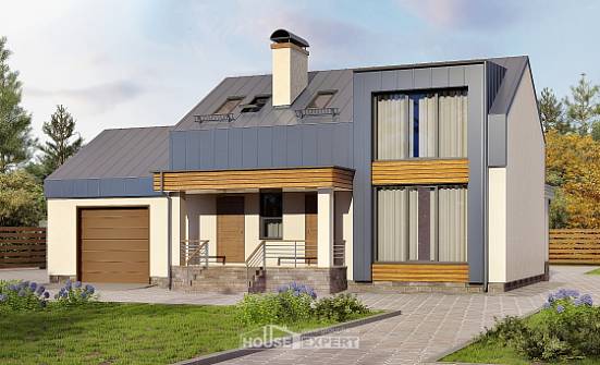 150-015-П Проект двухэтажного дома с мансардой и гаражом, недорогой загородный дом из газобетона Жуковка | Проекты домов от House Expert