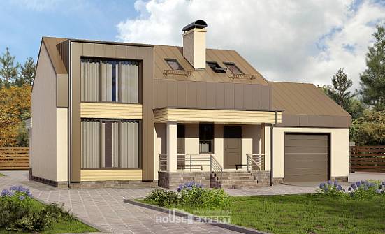 150-015-Л Проект двухэтажного дома с мансардным этажом и гаражом, красивый домик из блока Дятьково | Проекты домов от House Expert